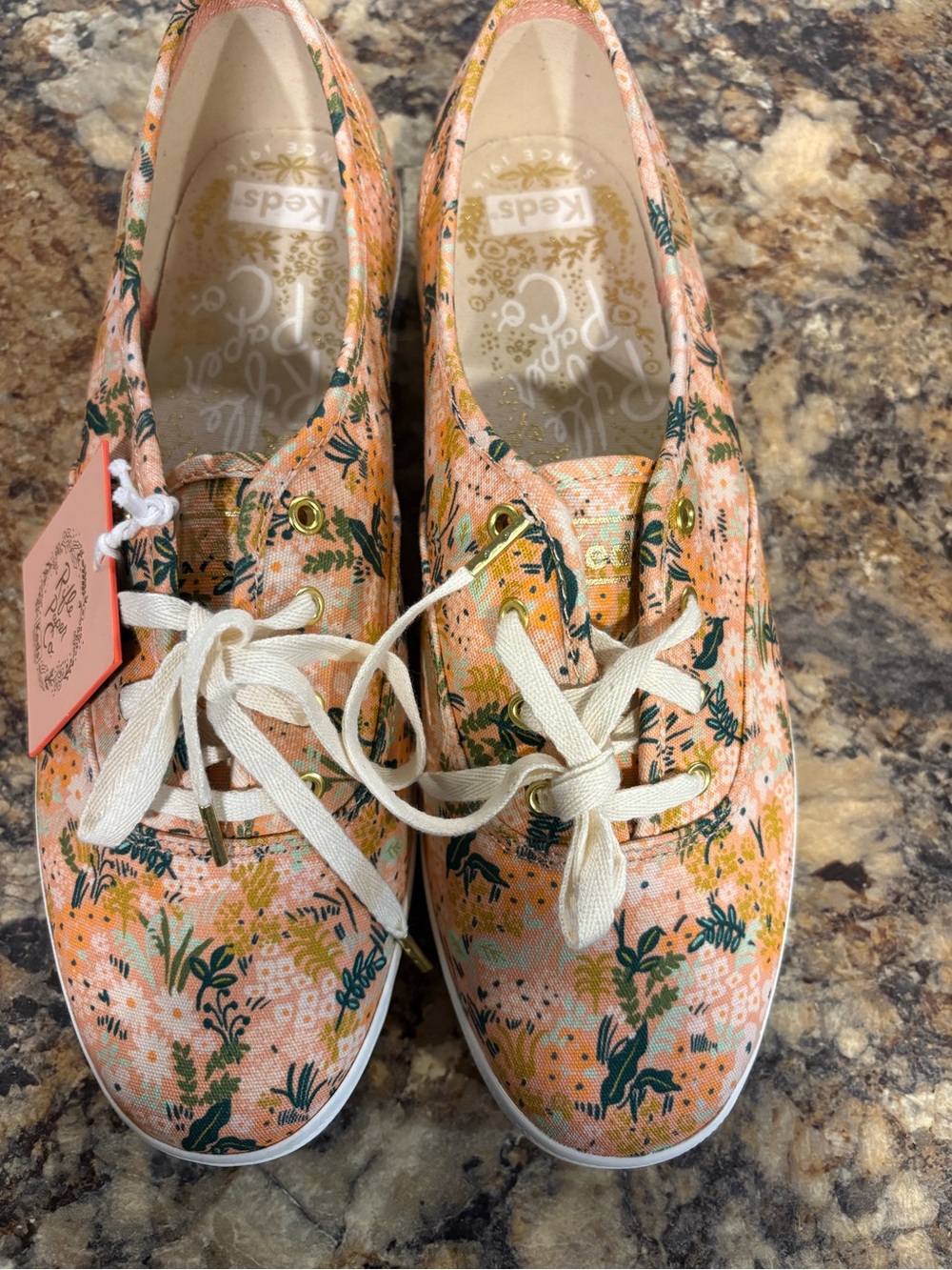 Keds Peach Floral Canvas Sneakers with Green Accents
